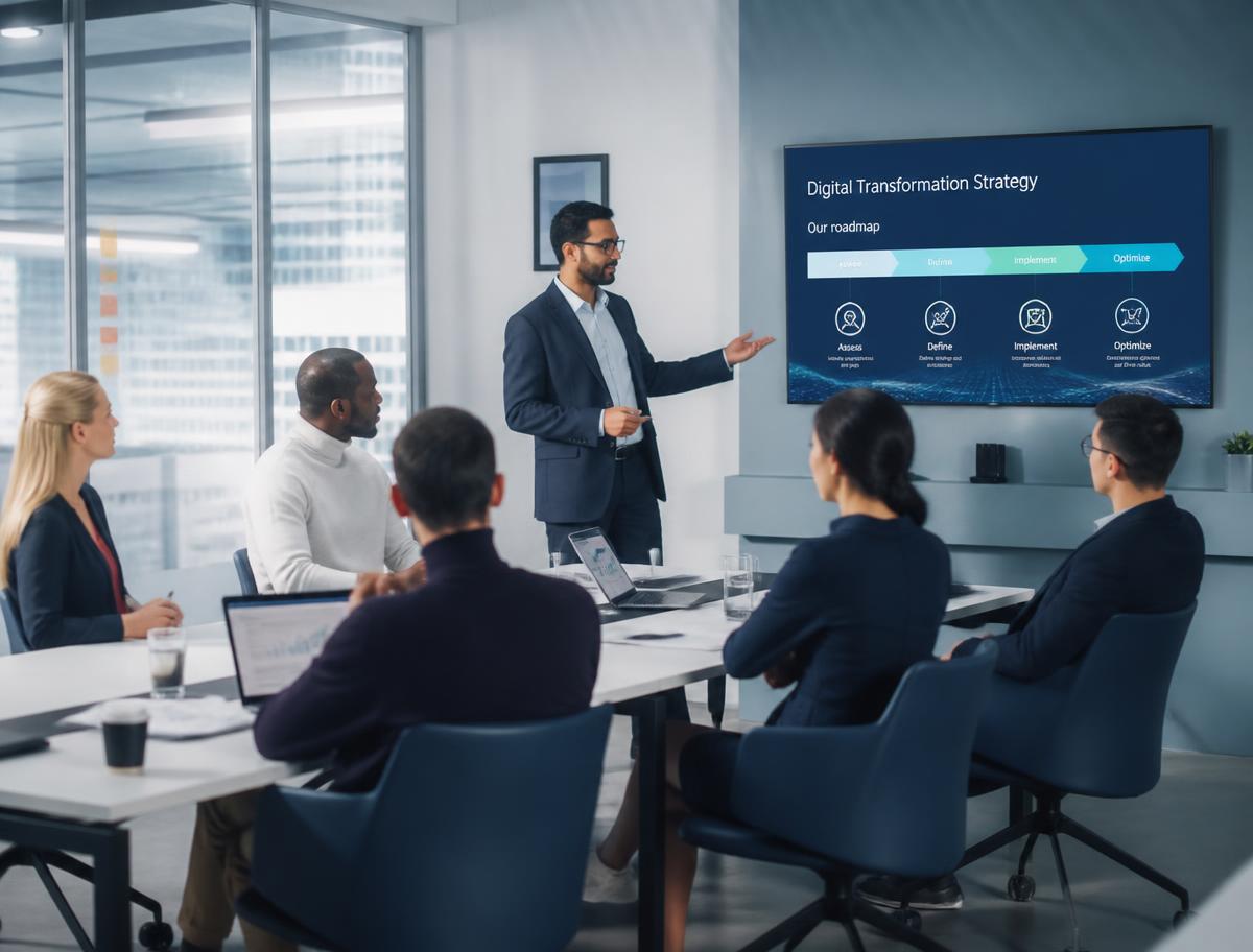 New Vision Technology consultants presenting a digital transformation roadmap