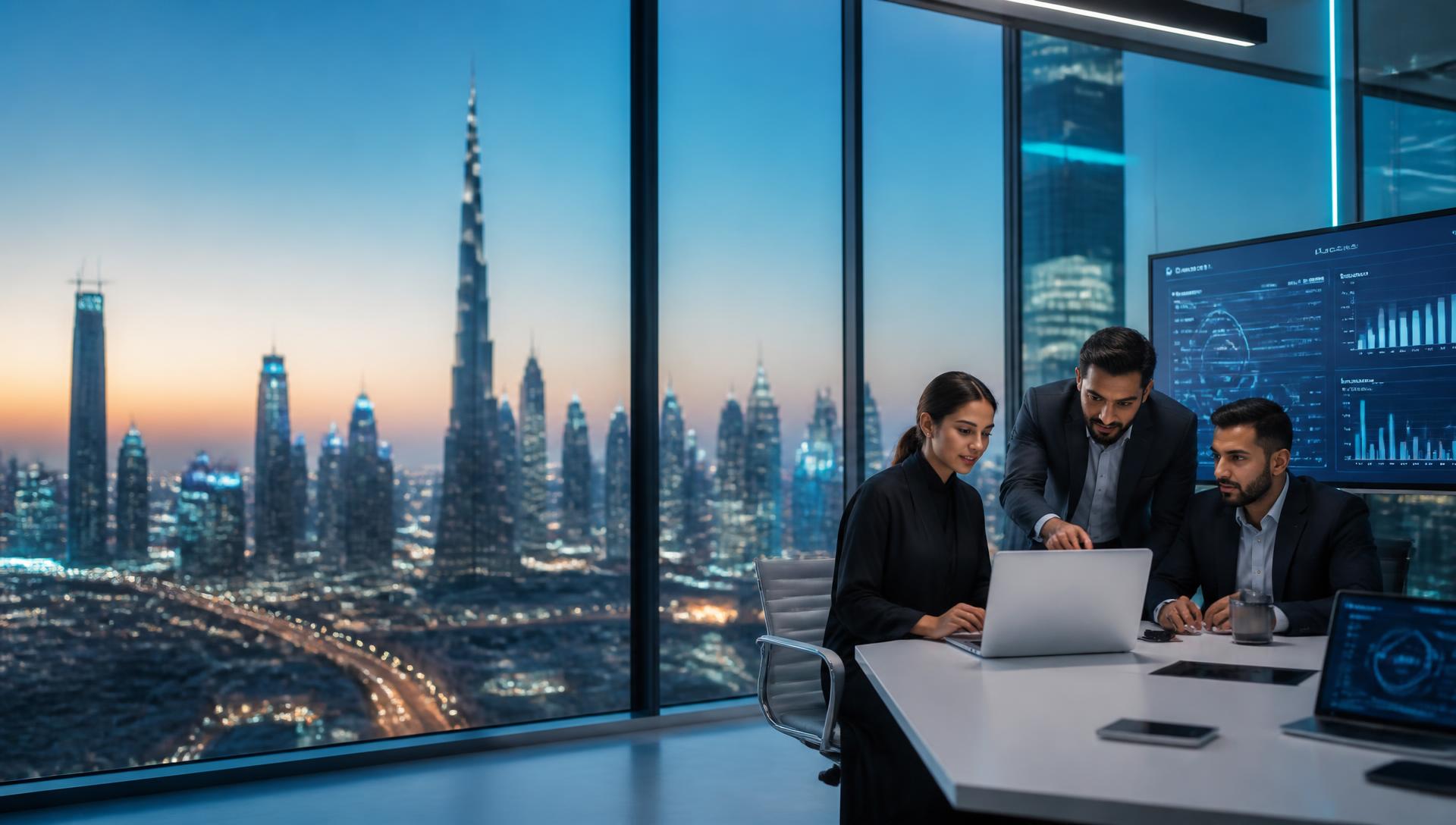 Consultants reviewing digital transformation dashboards in a modern office overlooking the city